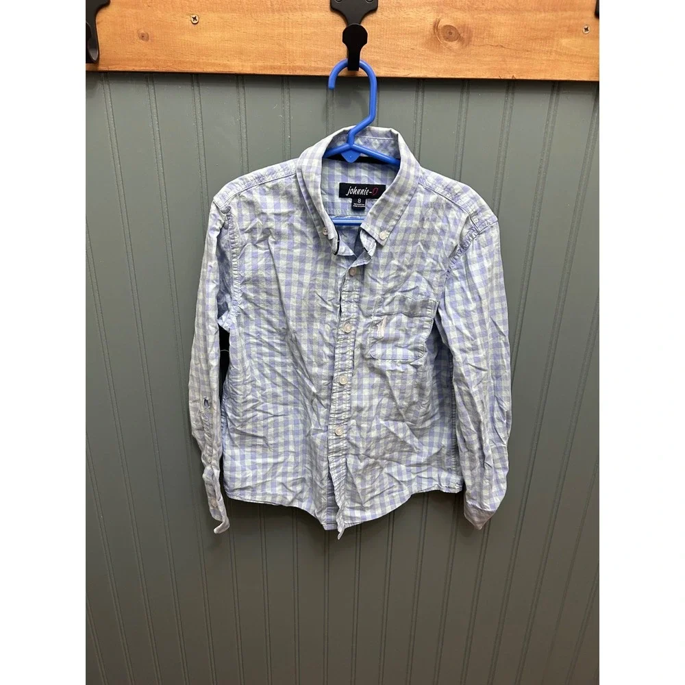 Johnnie-O Boys Blue Green Gingham Long Sleeve Button Down Shirt Size 8